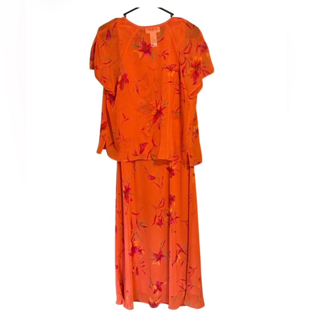 Studio I Orange Floral Dress Set Size 10 Vintage 2 Piece Dress & Sheer Jacket - Picture 3 of 3